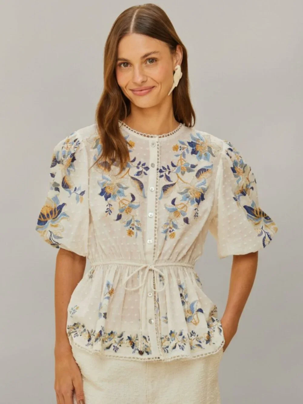 FARM Rio Mystic Blue floral Swiss dot blouse, size L - Picture 1 of 3
